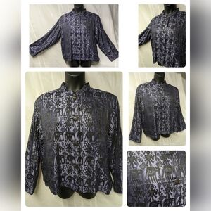 Chicos purple and black tribal Asian print silk topper jacket